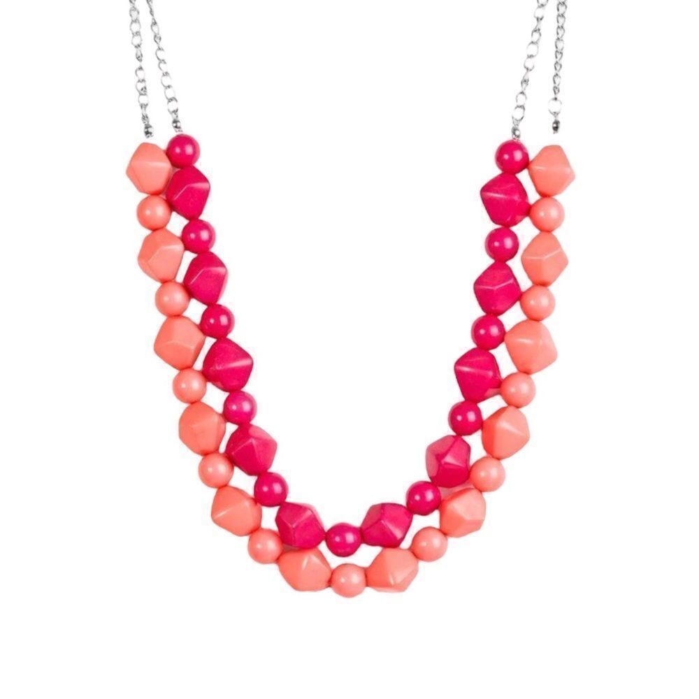 Two-Tone Faux Chunky Stone Adjustable Statement Necklace Silver Tone OSFM